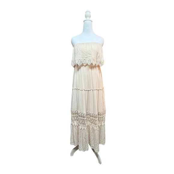 Boho Flying Tomato Sz M Strapless Cream Romantic Lace Maxi Dress Costal Cowgirl - Picture 1 of 6